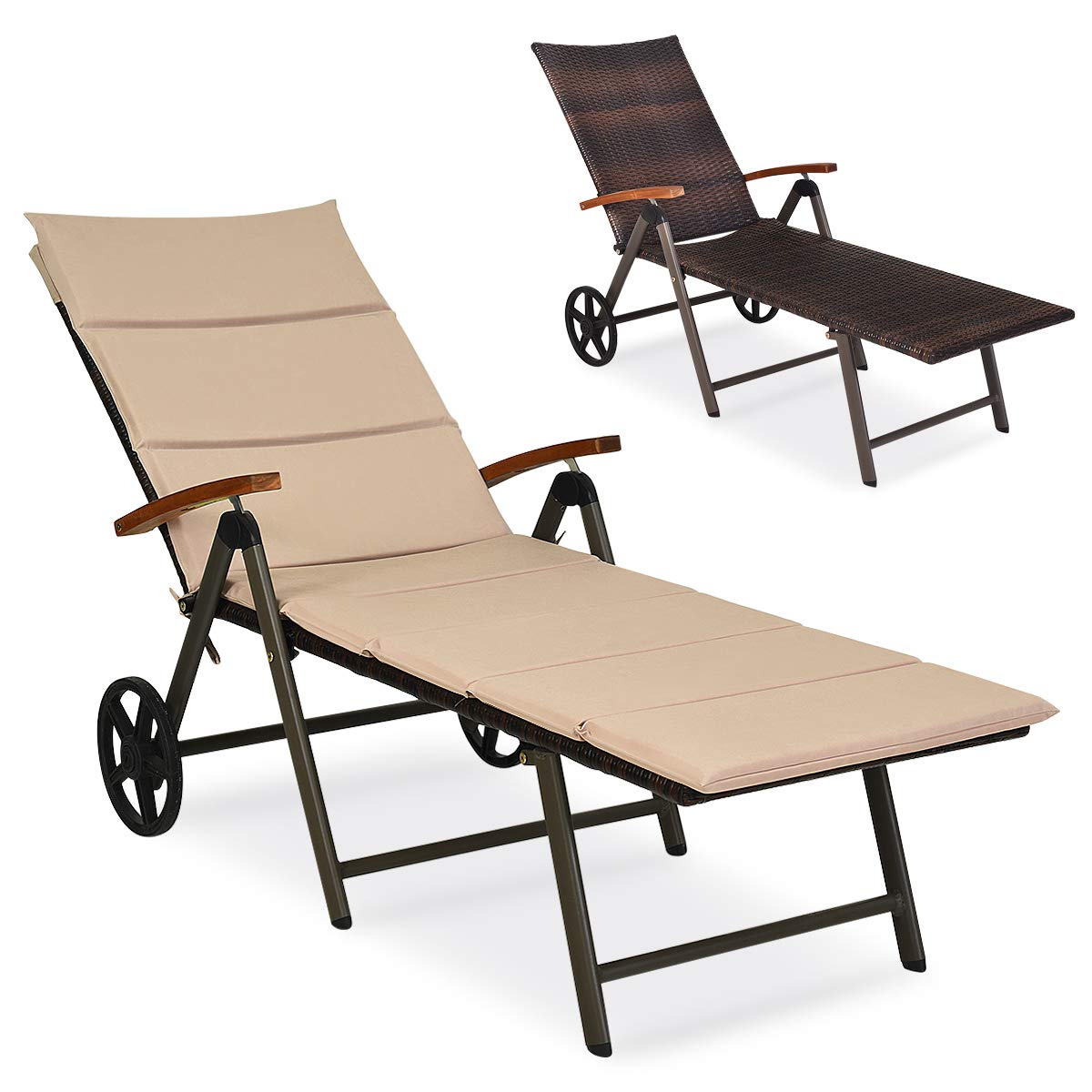 Chaise longue d'extérieur pliable Tangkula, transat en osier avec cadre en aluminium, avec roulettes pour un déplacement facile